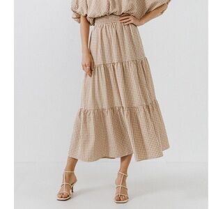 English Factory Beige Gingham Maxi Skirt